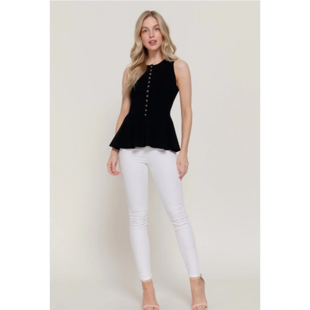 1154 • Black Soft Rib Knit Sleeveless Peplum Button Front Top - Picture 5 of 5